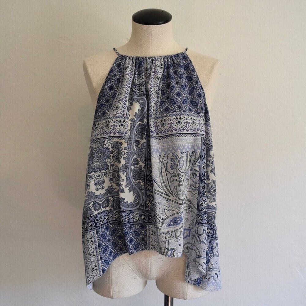 JOIE Amite Patchwork Paisley-print Silk Halter Neck Apron Top In Bluebird